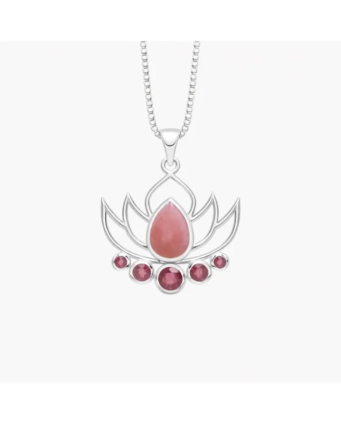 Pink Opal & Ruby Lotus Charm Pendant - Handcrafted 925 Sterling Silver
