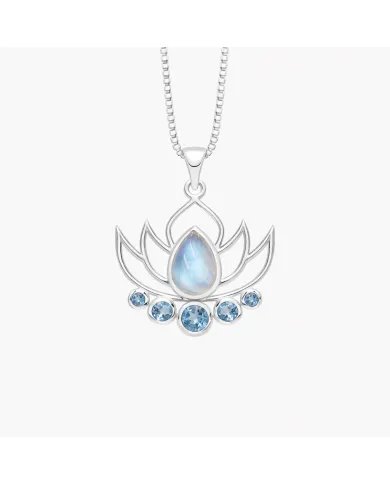Rainbow Moonstone & Blue Topaz Lotus Charm Pendant - 925 Sterling Silver