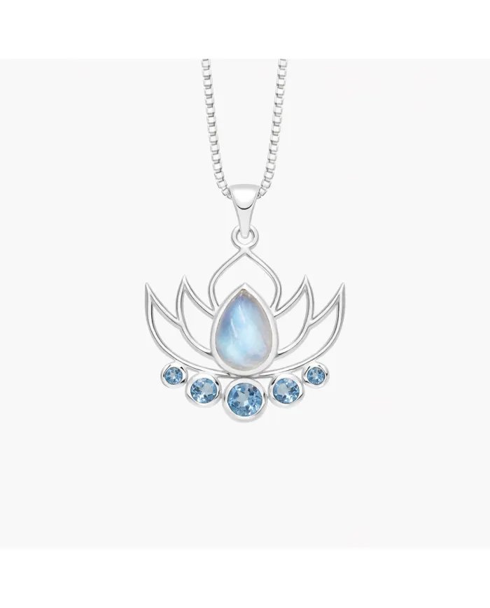 Rainbow Moonstone & Blue Topaz Lotus Charm Pendant - 925 Sterling Silver