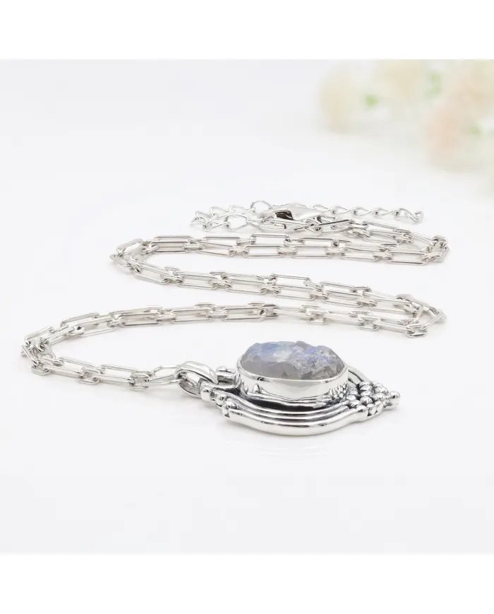 Raw Moonstone Pendant in 925 Sterling Silver – Handmade Boho Jewelry
