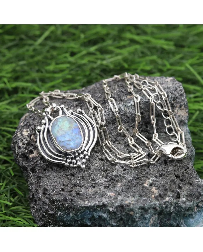 Raw Moonstone Pendant in 925 Sterling Silver – Handmade Boho Jewelry
