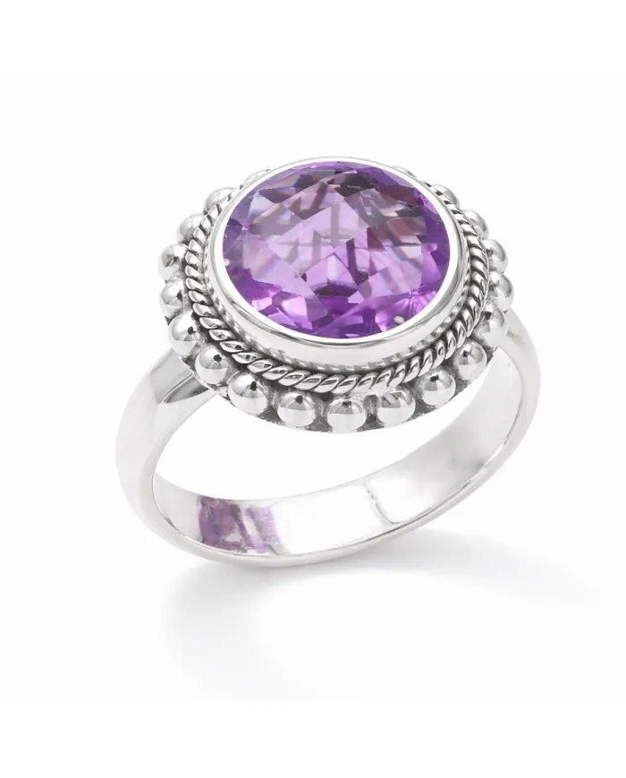 Amethyst Boho Ring in 925 Sterling Silver - Round Gemstone Jewelry