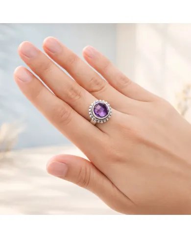 Amethyst Boho Ring in 925 Sterling Silver - Round Gemstone Jewelry