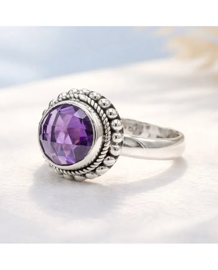 Amethyst Boho Ring in 925 Sterling Silver - Round Gemstone Jewelry