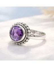 Amethyst Boho Ring in 925 Sterling Silver - Round Gemstone Jewelry