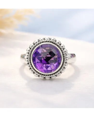 Amethyst Boho Ring in 925 Sterling Silver - Round Gemstone Jewelry