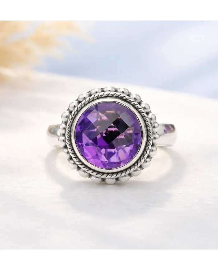 Amethyst Boho Ring in 925 Sterling Silver - Round Gemstone Jewelry