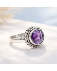 Amethyst Boho Ring in 925 Sterling Silver - Round Gemstone Jewelry
