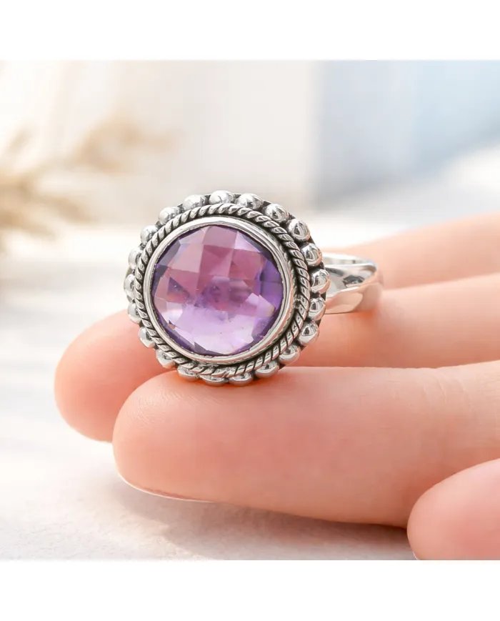 Amethyst Boho Ring in 925 Sterling Silver - Round Gemstone Jewelry