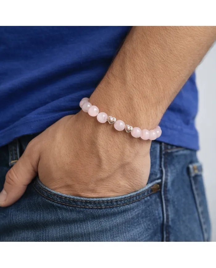 Rose Quartz Beads Bracelet 8mm with Silver Heart – Healing Crystal Love Gift