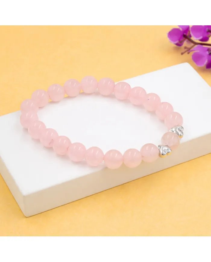 Rose Quartz Beads Bracelet 8mm with Silver Heart – Healing Crystal Love Gift