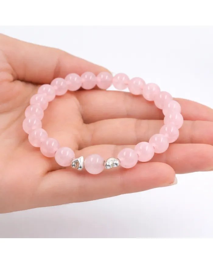 Rose Quartz Beads Bracelet 8mm with Silver Heart – Healing Crystal Love Gift
