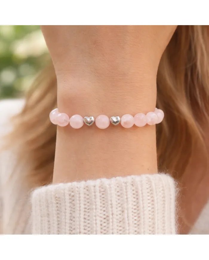 Rose Quartz Beads Bracelet 8mm with Silver Heart – Healing Crystal Love Gift