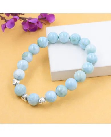Larimar Beads Bracelet 8mm with Silver Heart - Ocean Blue Gemstone