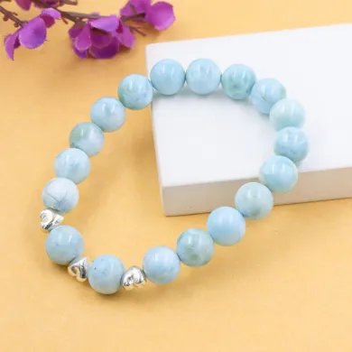 Larimar Beads Bracelet 8mm with Silver Heart - Ocean Blue Gemstone