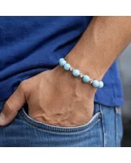 Larimar Beads Bracelet 8mm with Silver Heart - Ocean Blue Gemstone