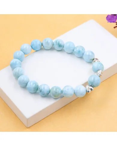 Larimar Beads Bracelet 8mm with Silver Heart - Ocean Blue Gemstone