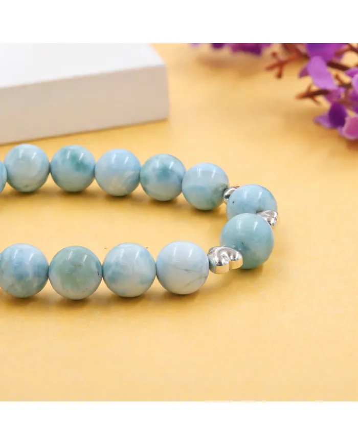Larimar Beads Bracelet 8mm with Silver Heart - Ocean Blue Gemstone
