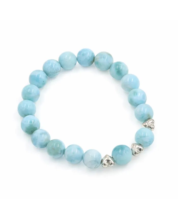 Larimar Beads Bracelet 8mm with Silver Heart - Ocean Blue Gemstone