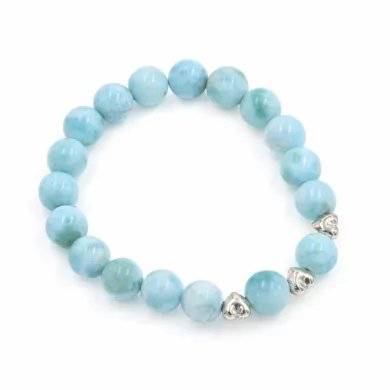 Larimar Beads Bracelet 8mm with Silver Heart - Ocean Blue Gemstone