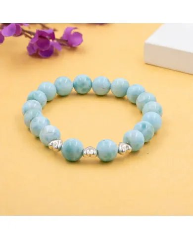 Larimar Beads Bracelet 8mm with Silver Heart - Ocean Blue Gemstone