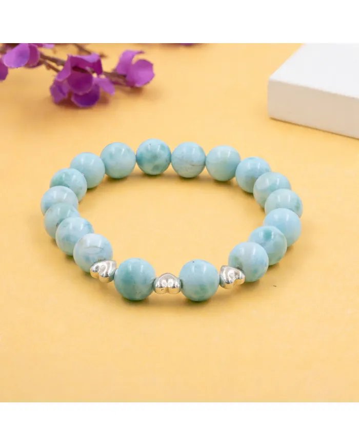 Larimar Beads Bracelet 8mm with Silver Heart - Ocean Blue Gemstone