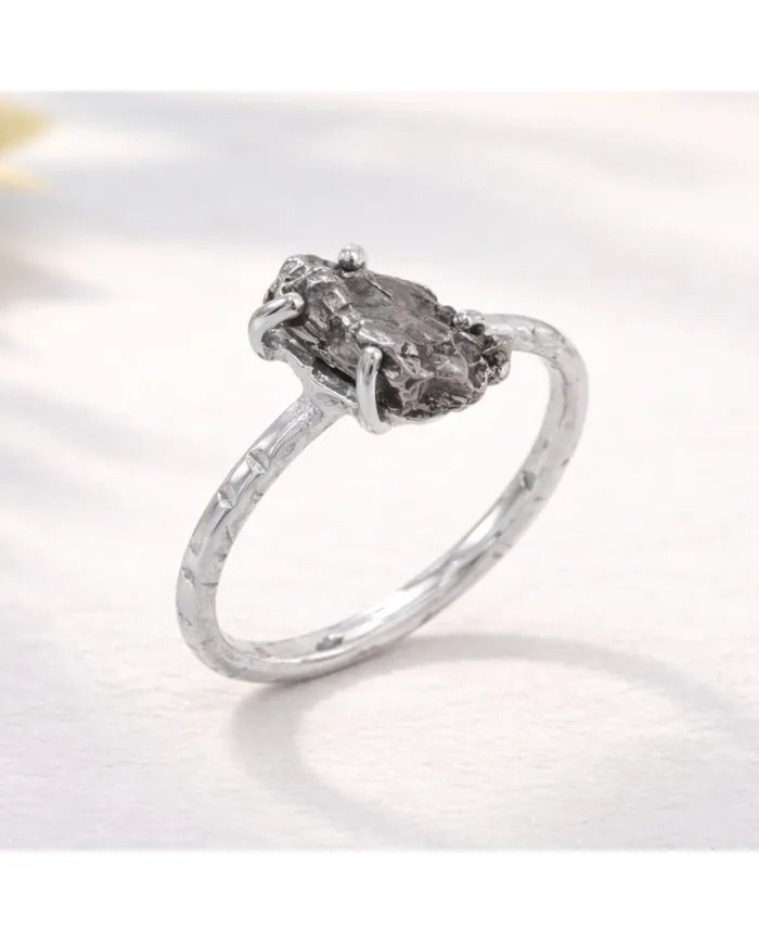 Raw Meteorite Ring - 925 Sterling Silver Handmade Gemstone Jewelry