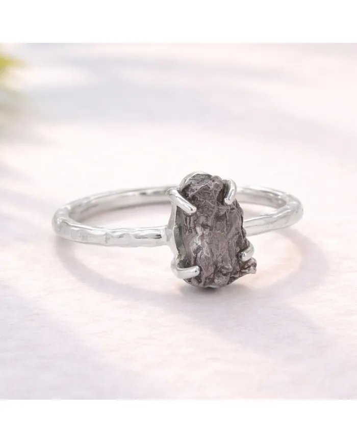 Raw Meteorite Ring - 925 Sterling Silver Handmade Gemstone Jewelry