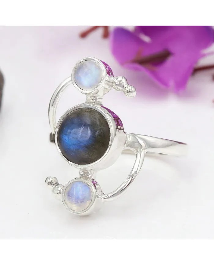Labradorite Ring with Moonstone – 925 Sterling Silver Gemstone Jewelry