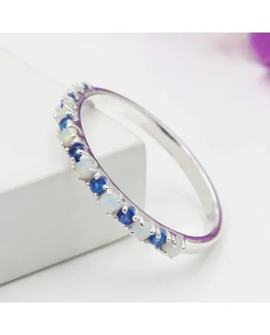 Ethiopian Opal Ring with Cubic Zirconia Tanzanite - 925 Silver Jewelry