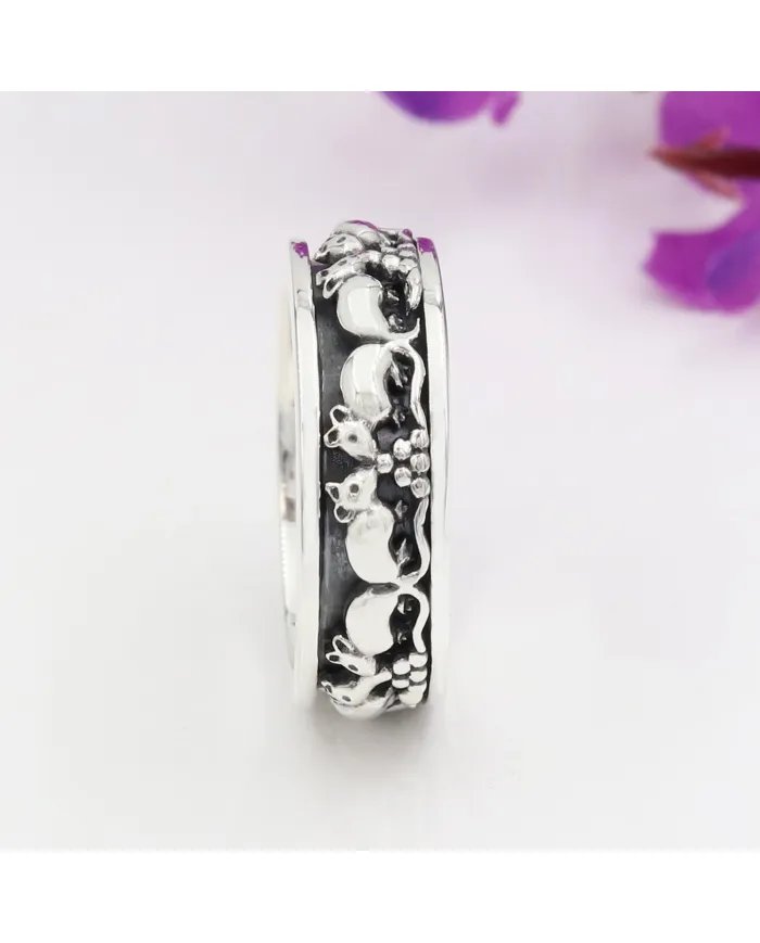 Mouse Motif Spinner Band Ring - 925 Sterling Silver Oxidized Jewelry
