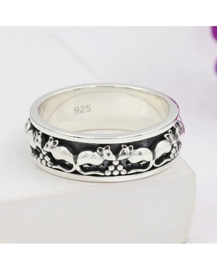 Mouse Motif Spinner Band Ring - 925 Sterling Silver Oxidized Jewelry