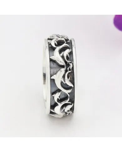 Sterling Silver Dolphin Spinner Ring - Handmade Nautical Ocean Jewelry