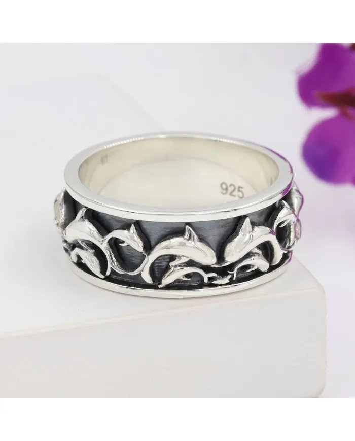 Sterling Silver Dolphin Spinner Ring - Handmade Nautical Ocean Jewelry