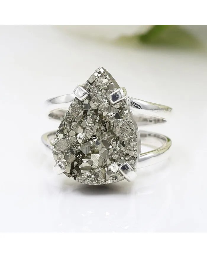 Raw Pyrite Ring - 925 Sterling Silver Handmade Statement Gemstone Jewelry