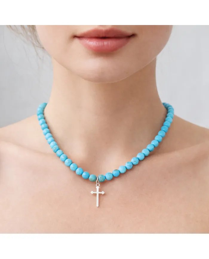 Arizona Turquoise Beads Necklace with 925 Sterling Silver Cross Charm