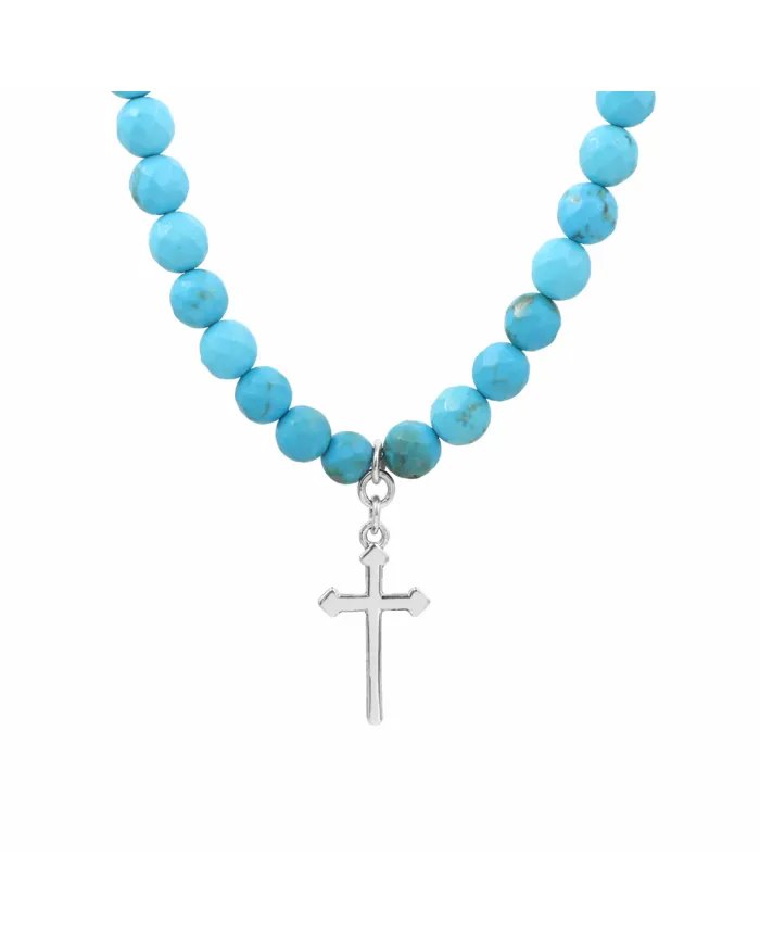 Arizona Turquoise Beads Necklace with 925 Sterling Silver Cross Charm