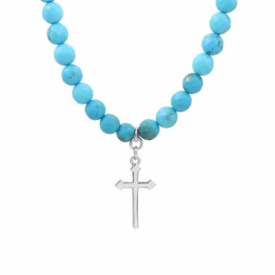 Arizona Turquoise Beads Necklace with 925 Sterling Silver Cross Charm