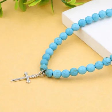 Arizona Turquoise Beads Necklace with 925 Sterling Silver Cross Charm