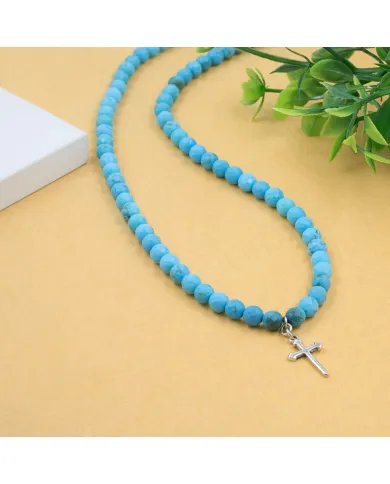 Arizona Turquoise Beaded Necklace with 925 Sterling Silver Cross Charm