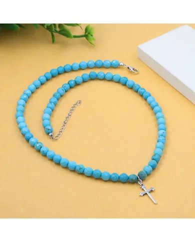 Arizona Turquoise Beaded Necklace with 925 Sterling Silver Cross Charm