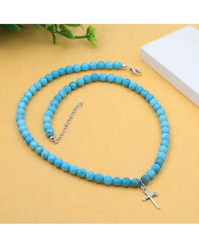 Arizona Turquoise Beads Necklace with 925 Sterling Silver Cross Charm