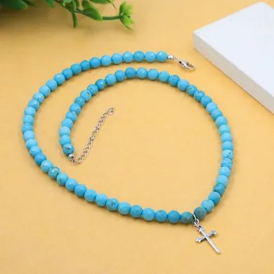 Arizona Turquoise Beads Necklace with 925 Sterling Silver Cross Charm