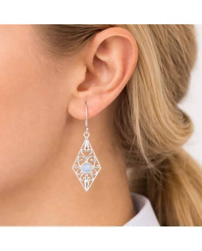 Moonstone Filigree Drop Earrings – 925 Sterling Silver Unique Jewelry