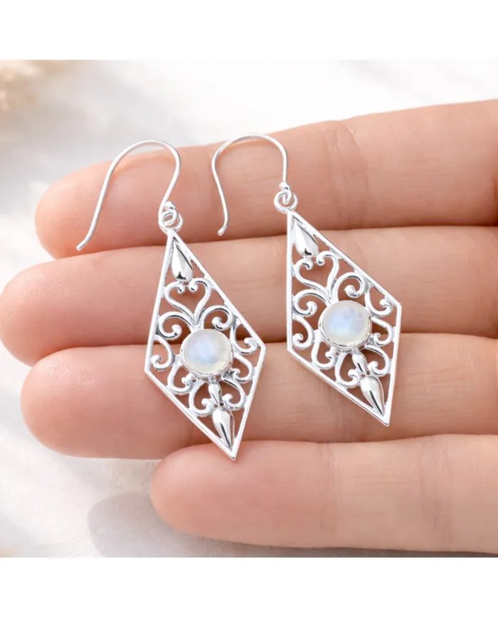 Moonstone Filigree Drop Earrings – 925 Sterling Silver Unique Jewelry