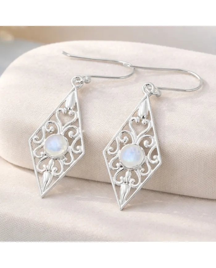 Moonstone Filigree Drop Earrings – 925 Sterling Silver Unique Jewelry