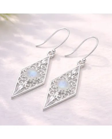 Moonstone Filigree Drop Earrings – 925 Sterling Silver Unique Jewelry