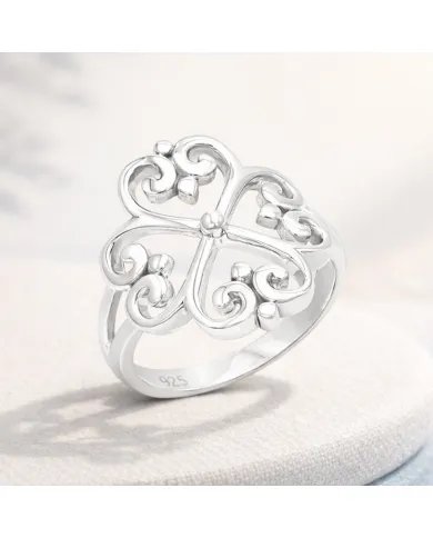925 Sterling Silver Filigree Clover Ring - Handmade Elegant Jewelry