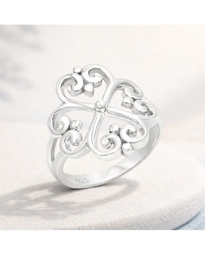 925 Sterling Silver Filigree Clover Ring - Handmade Elegant Jewelry