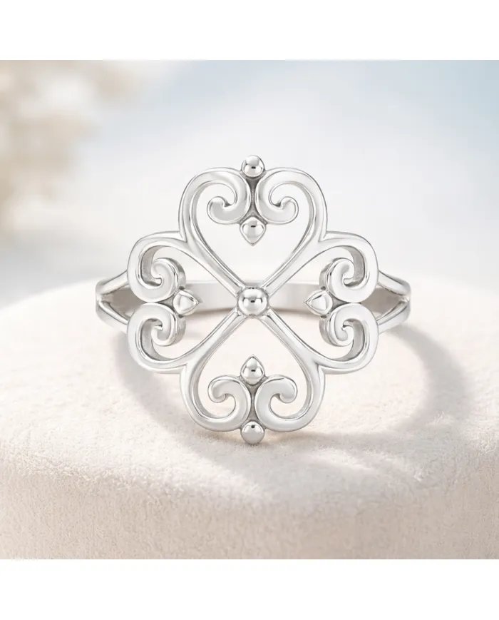 925 Sterling Silver Filigree Clover Ring - Handmade Elegant Jewelry